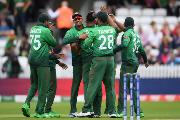 TAUNTON, ENGLAND - JUNE 17:  Bangladesh celebrate the wicket of Chris Gayle of West Indies during the Group Stage match of the ICC Cricket World Cup 2019 between West Indies and Bangladesh at The County Ground on June 17, 2019 in Taunton, England. (Photo by Alex Davidson/Getty Images)